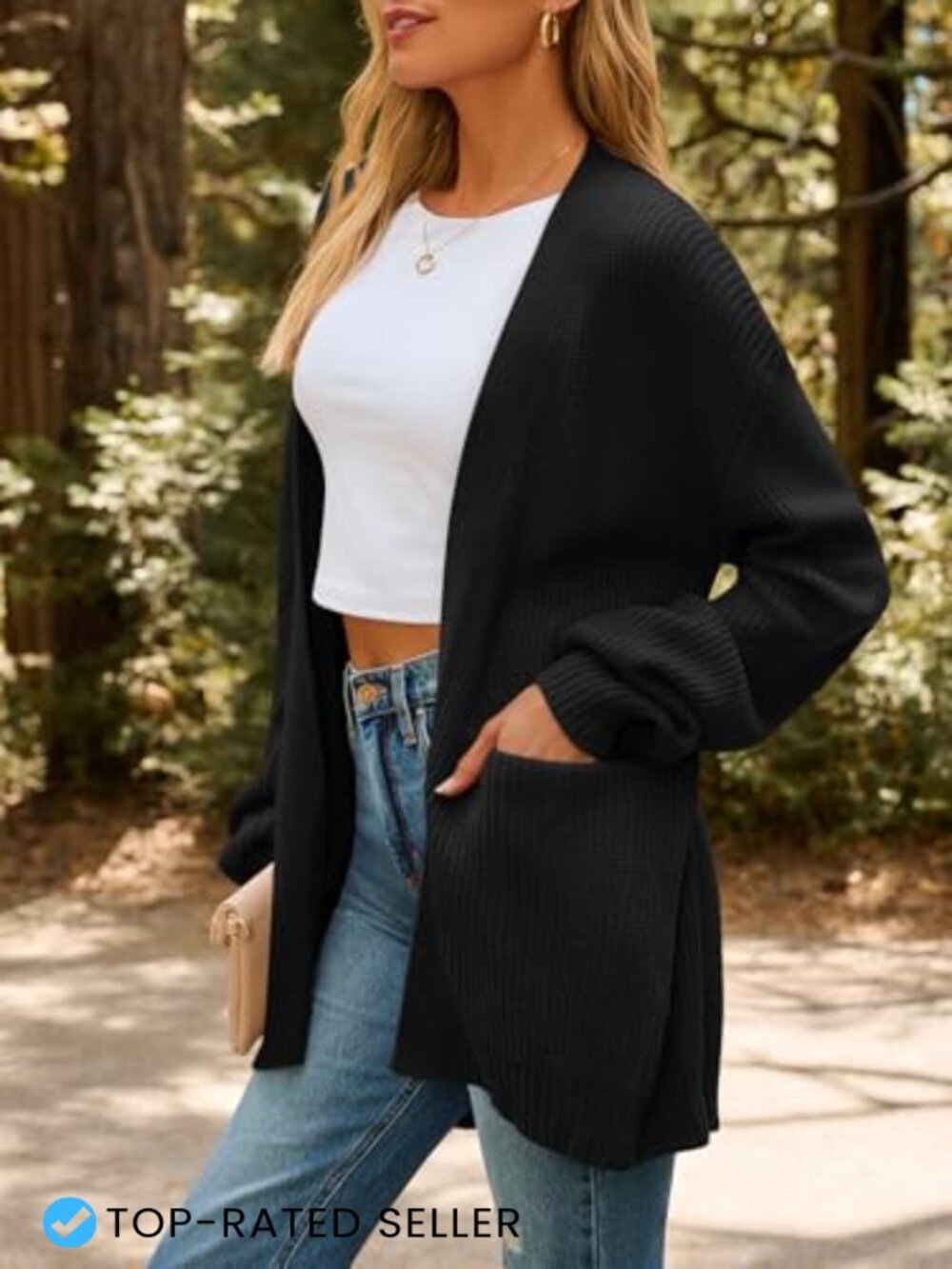 Oversized Soft Knit Cardigan with Pockets Cozy Open Front Sweater - Picture 3 of 7